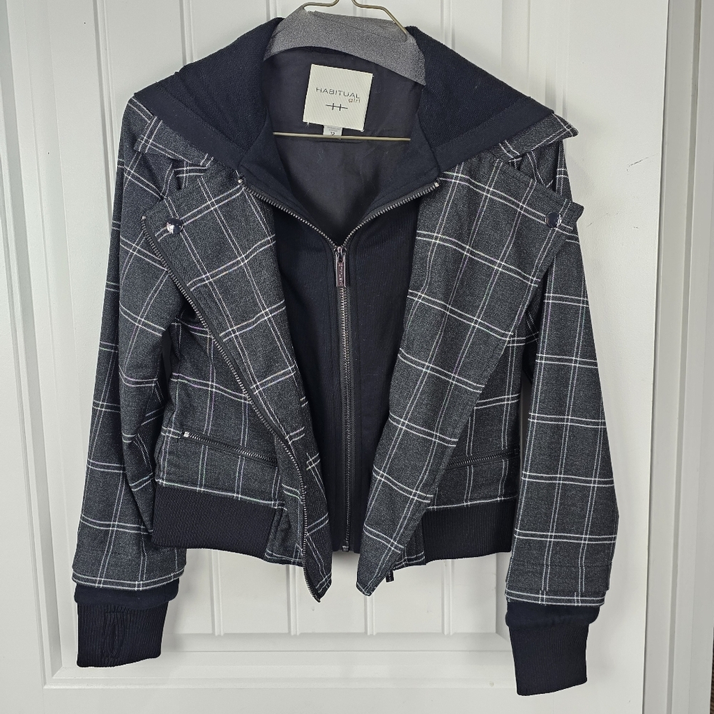 Habitual Girls Lyla Plaid French Terry Hoodie Zip Jacket Size 12 Black Moto - Picture 5 of 9